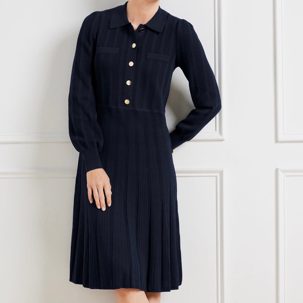 Talbots Navy Ribbed Fit and Flare Sweater Long Sleeve Dress with Gold Buttons